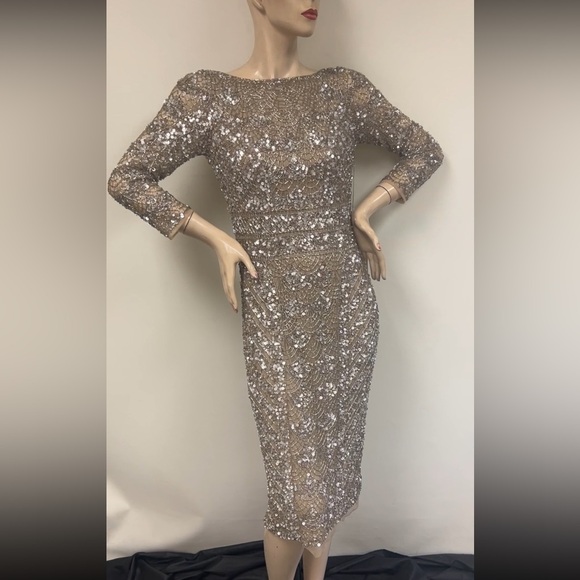Theia fully beaded long sleeves V-Back midi dress - Picture 6 of 13
